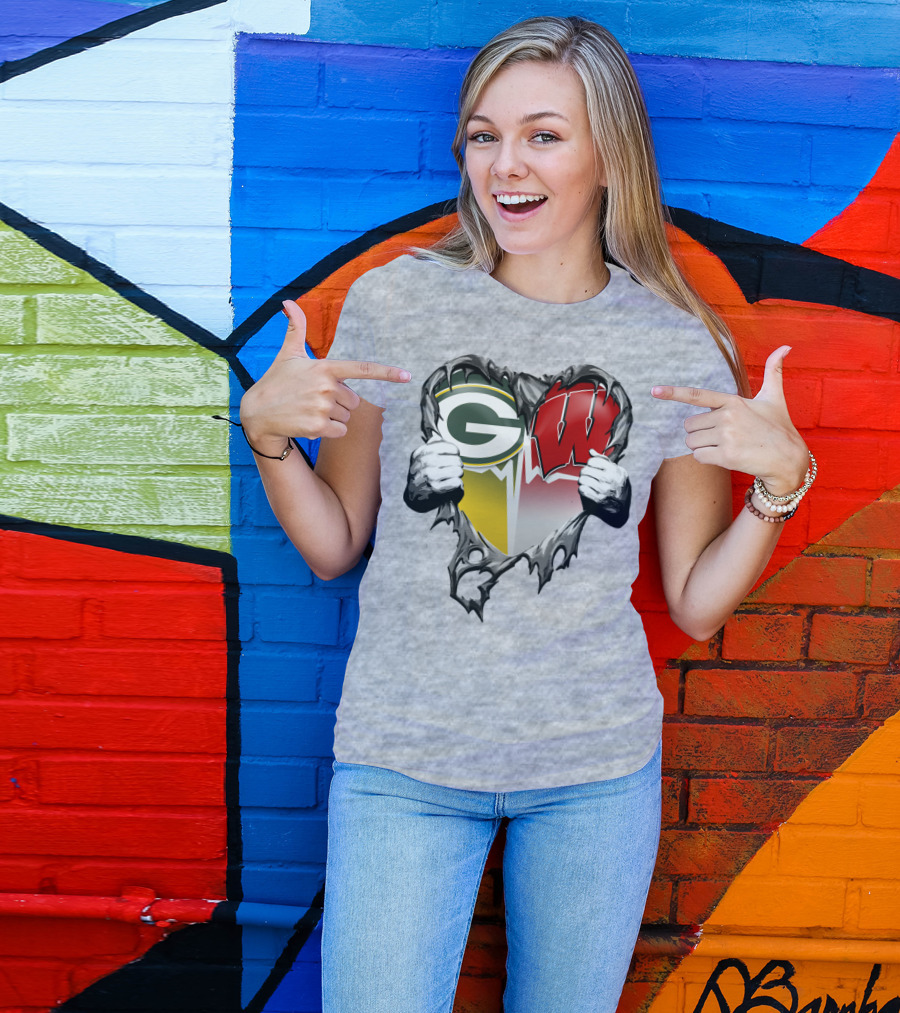 Green Bay Packers And Wisconsin Badgers Rip Heart T-Shirt