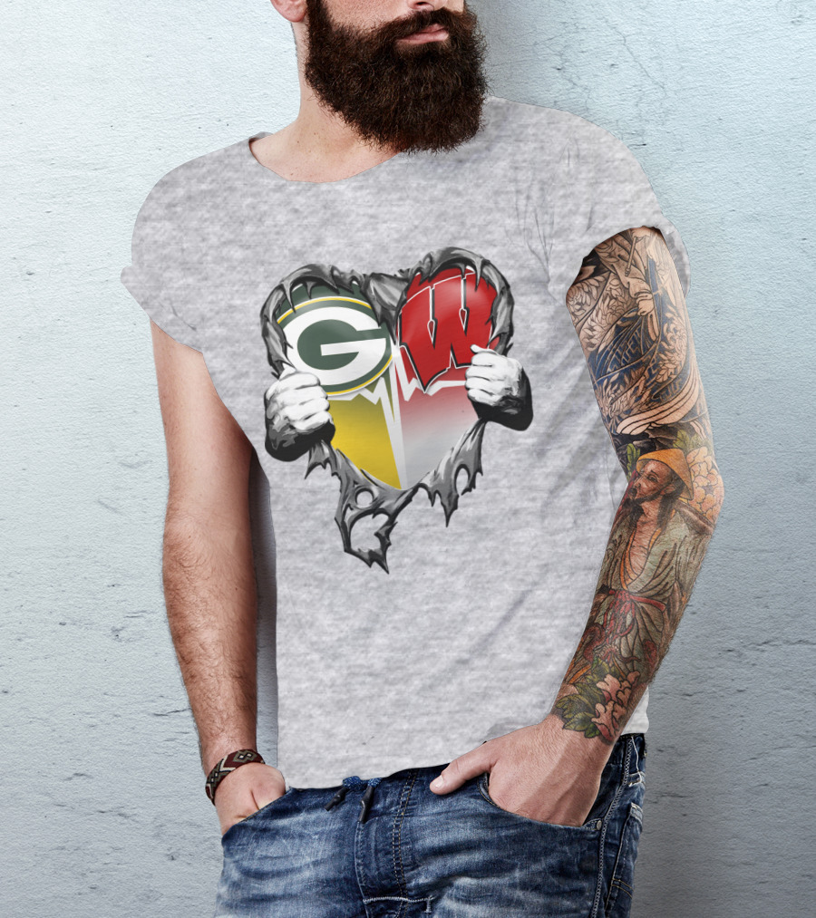 Green Bay Packers And Wisconsin Badgers Rip Heart T-Shirt