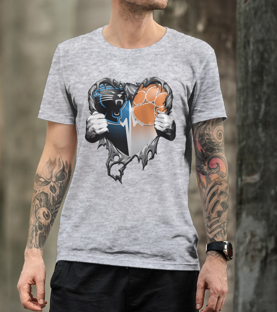 Carolina Panthers Clemson Tigers Heart Ripped T-Shirt