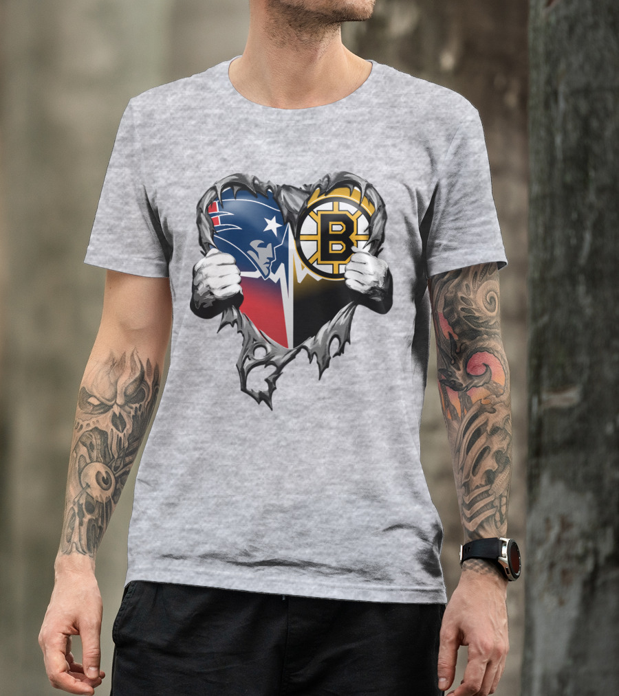 Patriots Bruins Torn Heart Logo Fusion T-Shirt