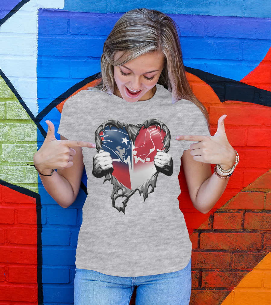 Patriots And Red Sox Heart Design With Torn Metal Effect T-Shirt