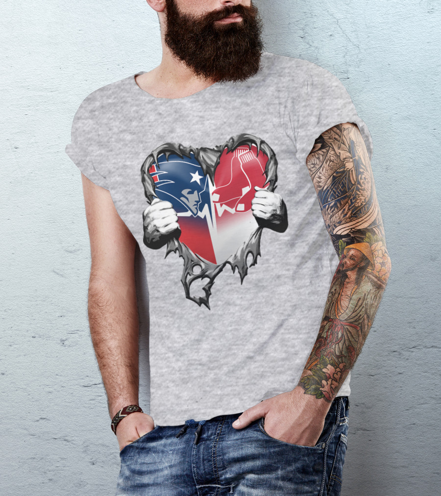 Patriots And Red Sox Heart Design With Torn Metal Effect T-Shirt