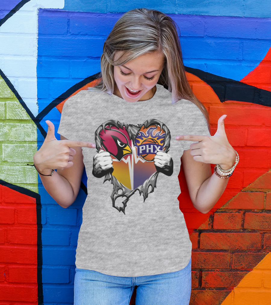 Arizona Cardinals And Phoenix Suns Heart Symbol With Torn Metal Effect T-Shirt
