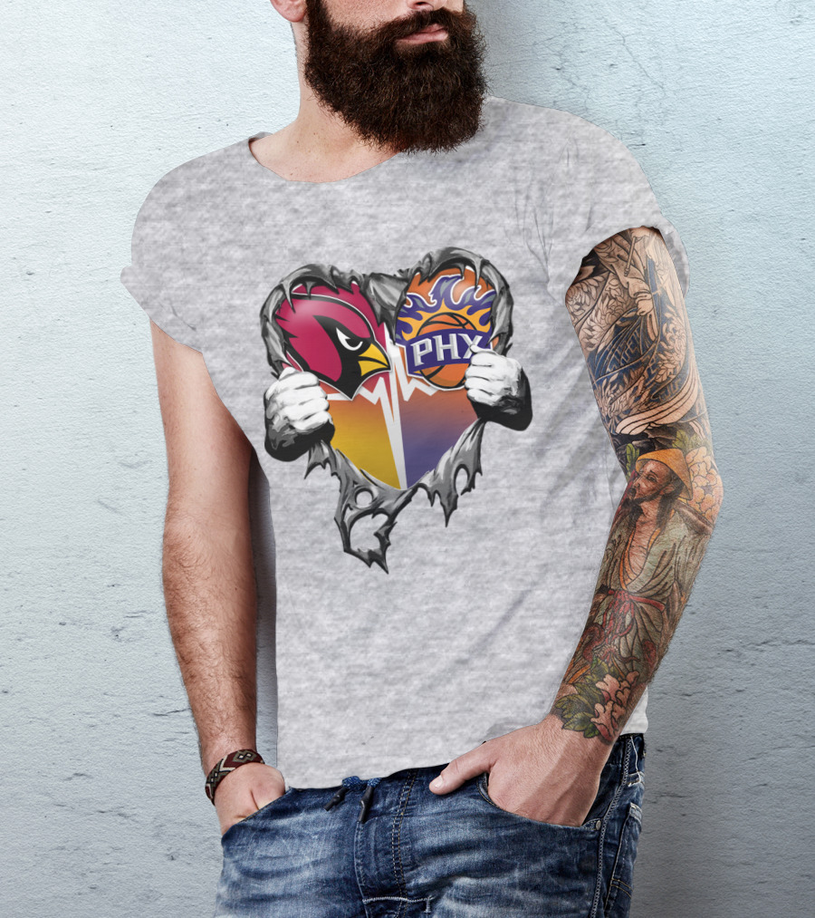 Arizona Cardinals And Phoenix Suns Heart Symbol With Torn Metal Effect T-Shirt