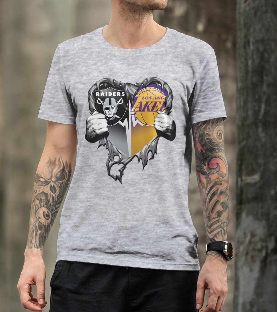 Raiders Los Angeles Lakers Heart Logo Tear T-Shirt