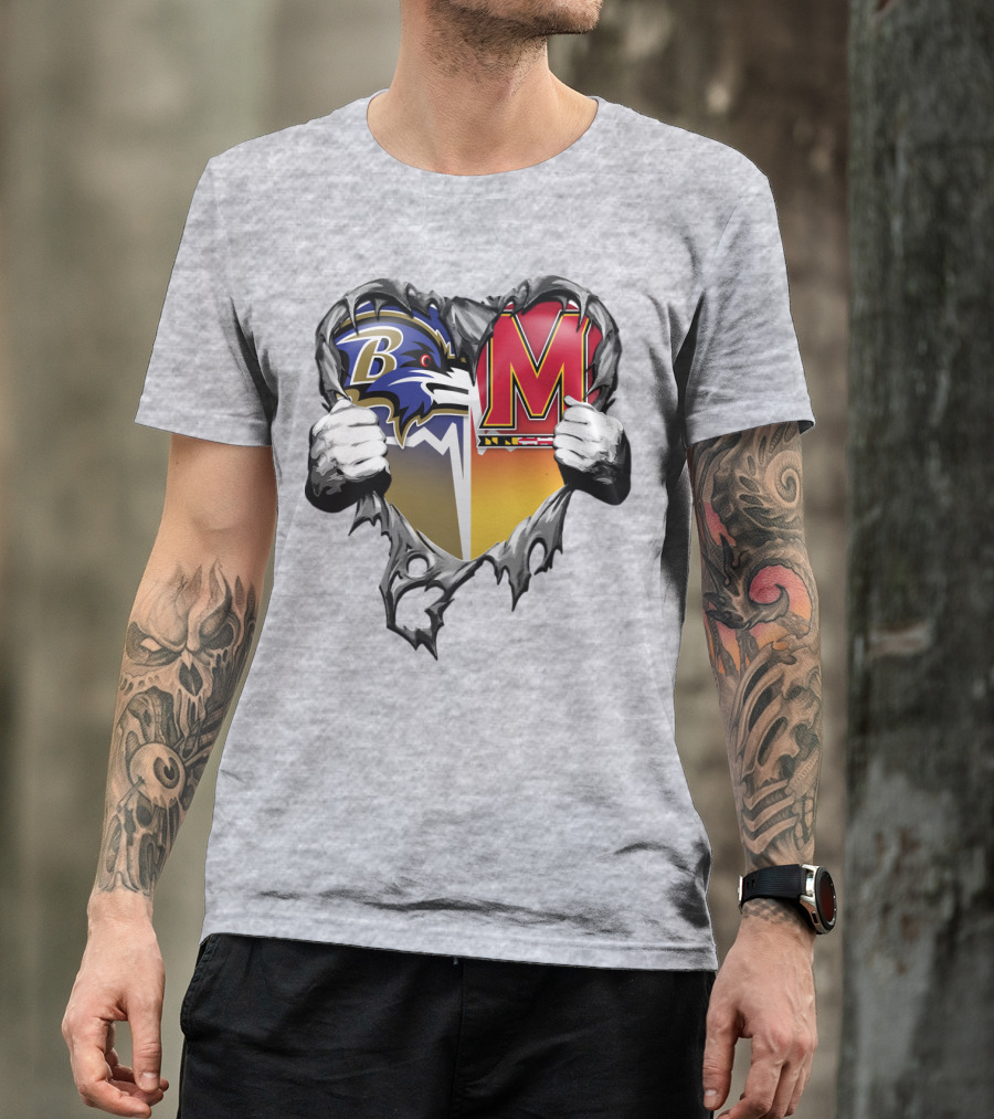 Baltimore Ravens Maryland Terrapins Heart Rip Football Fan T-Shirt