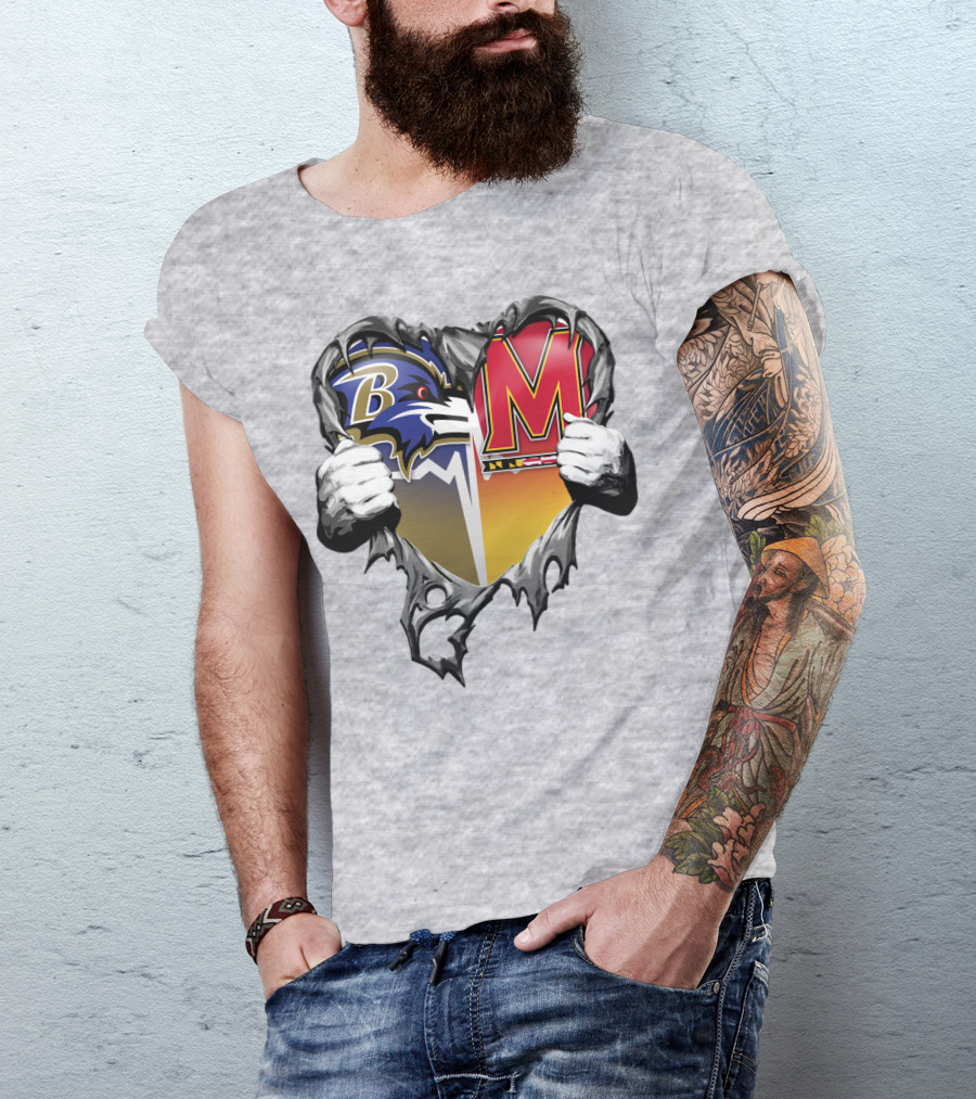 Baltimore Ravens Maryland Terrapins Heart Rip Football Fan T-Shirt