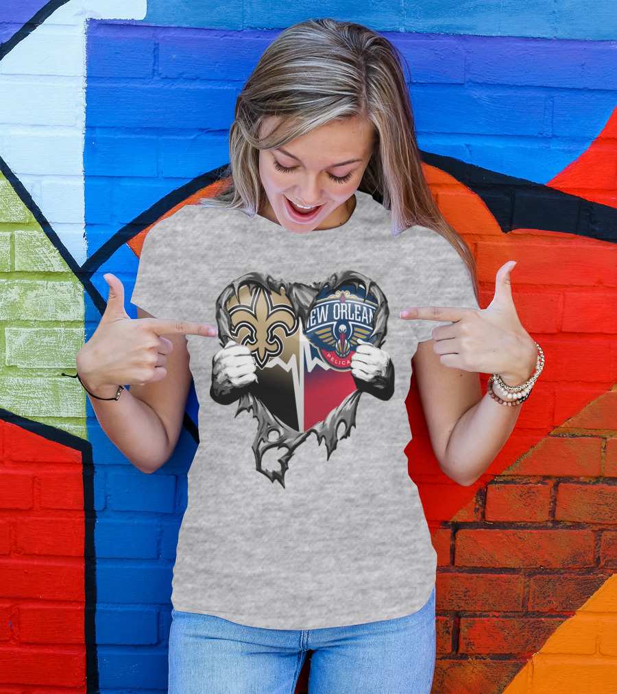New Orleans Saints Pelicans Heart Tear T-Shirt
