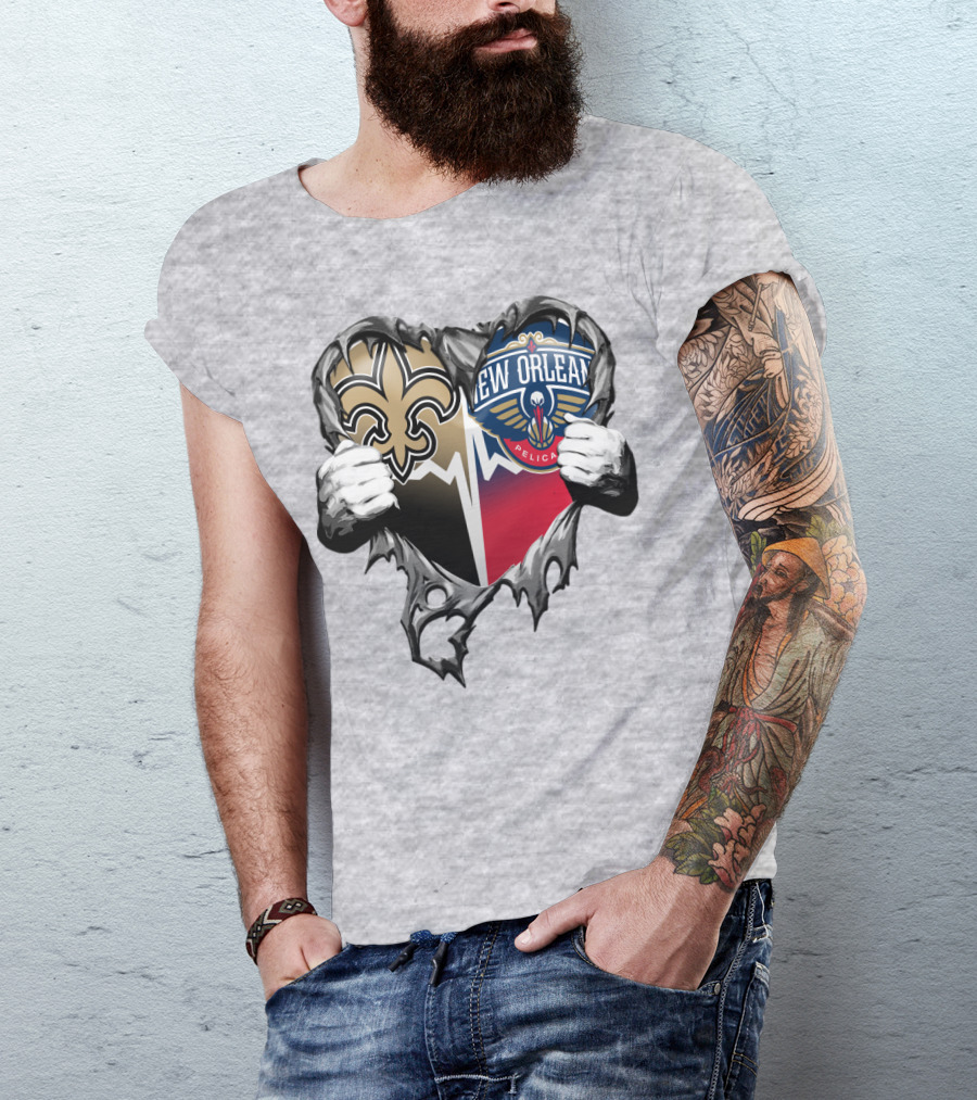 New Orleans Saints Pelicans Heart Tear T-Shirt