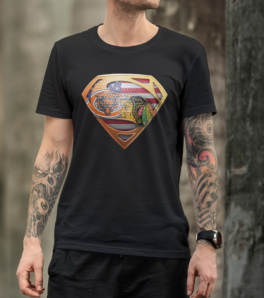 Chicago Bears Blackhawks Flag Superman T-Shirt
