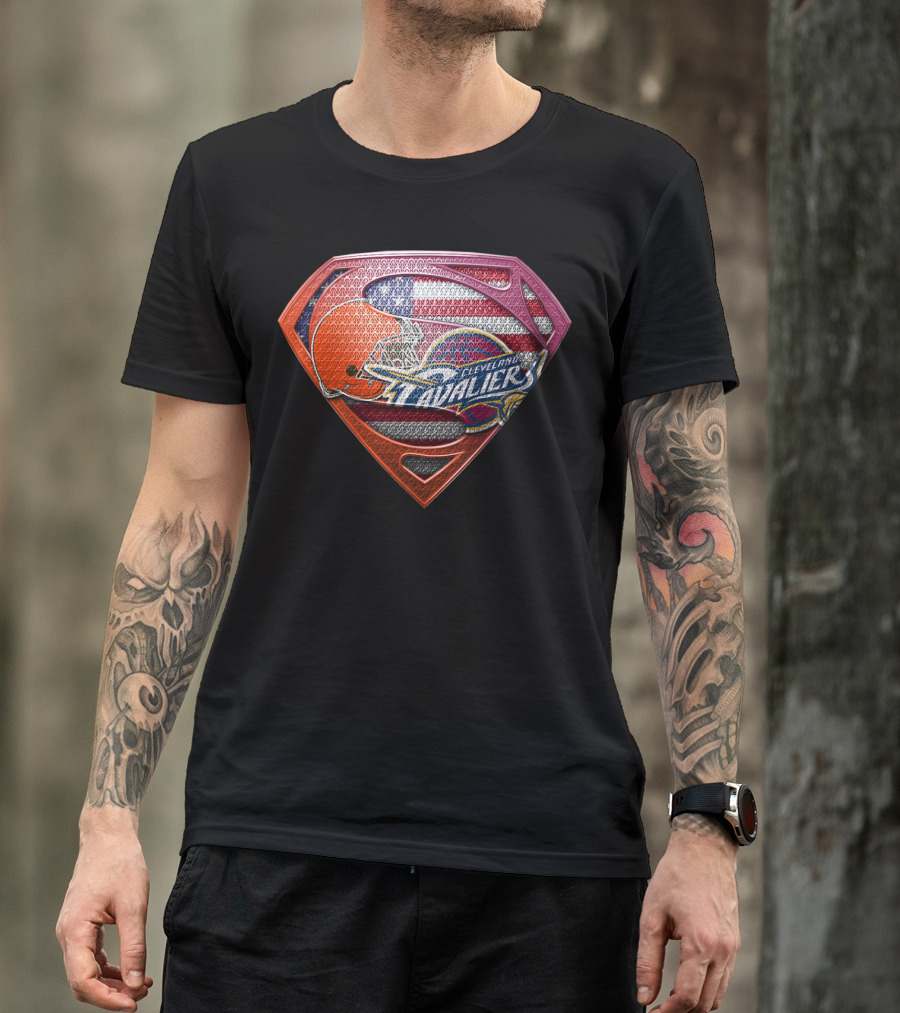 Cleveland Cavaliers And Browns Superman Shield With American Flag T-Shirt