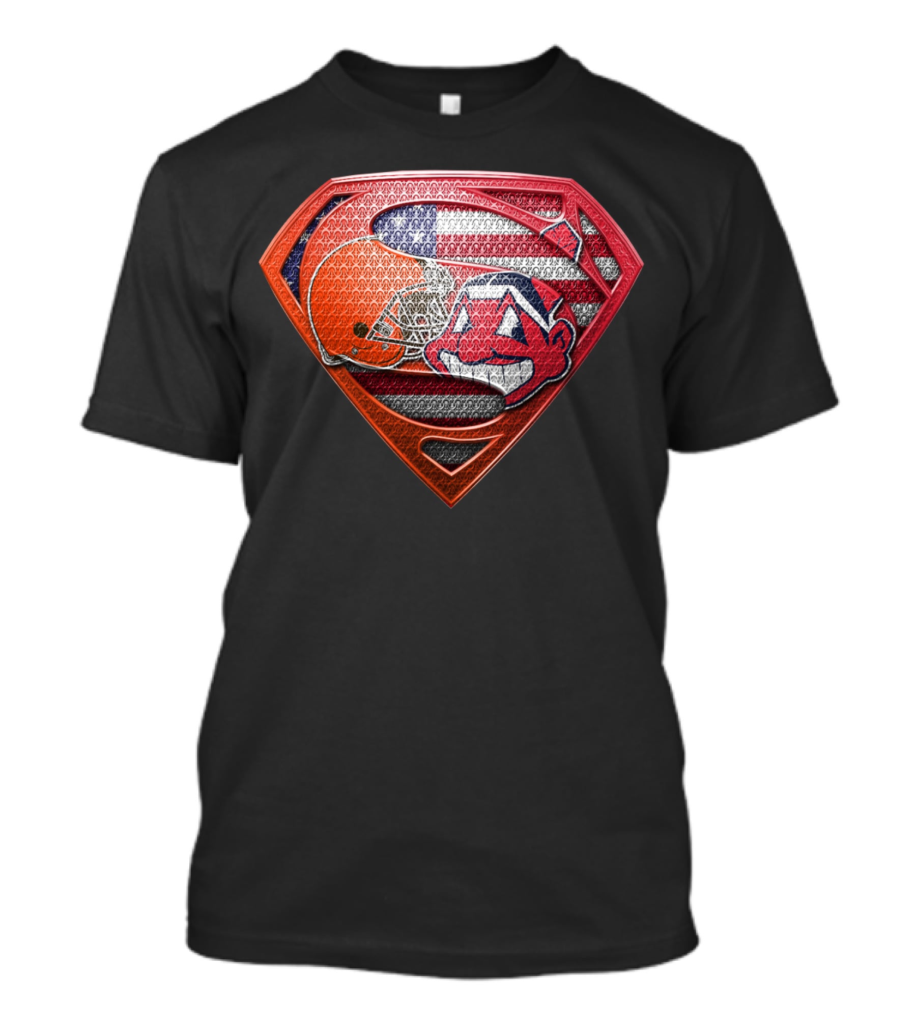 Cleveland Browns Superman Shield With Chief Wahoo And Usa Flag T-Shirt