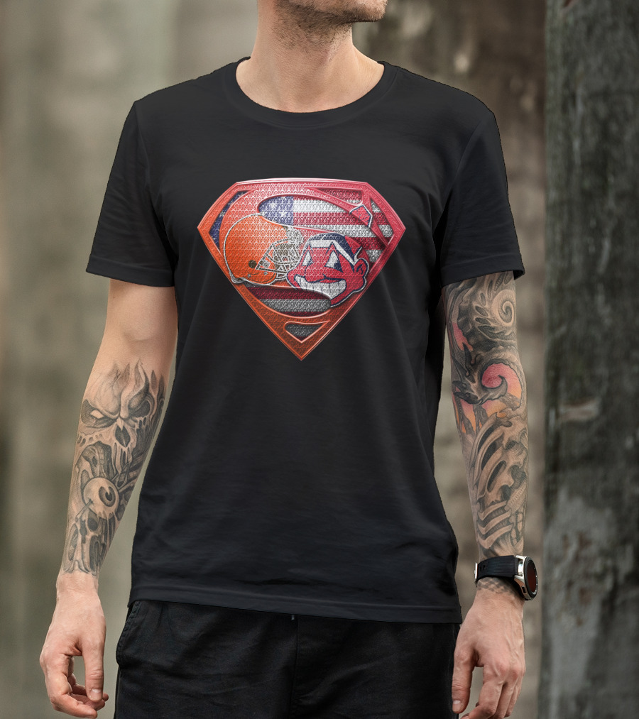 Cleveland Browns Superman Shield With Chief Wahoo And Usa Flag T-Shirt