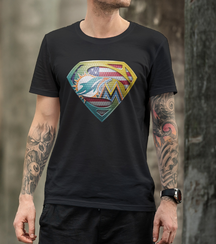 Miami Dolphins Marlins American Flag Superman T-Shirt