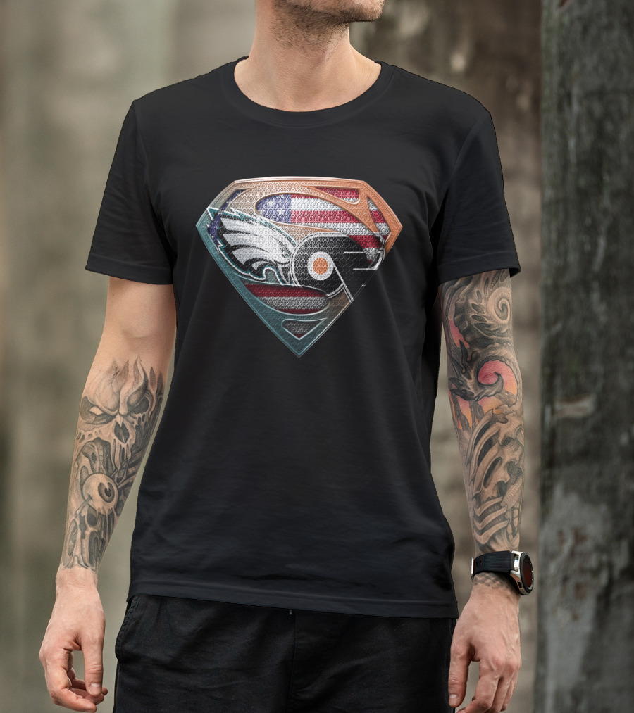 Superman Shield American Flag Philadelphia Eagles Flyers Logo Fusion T-Shirt