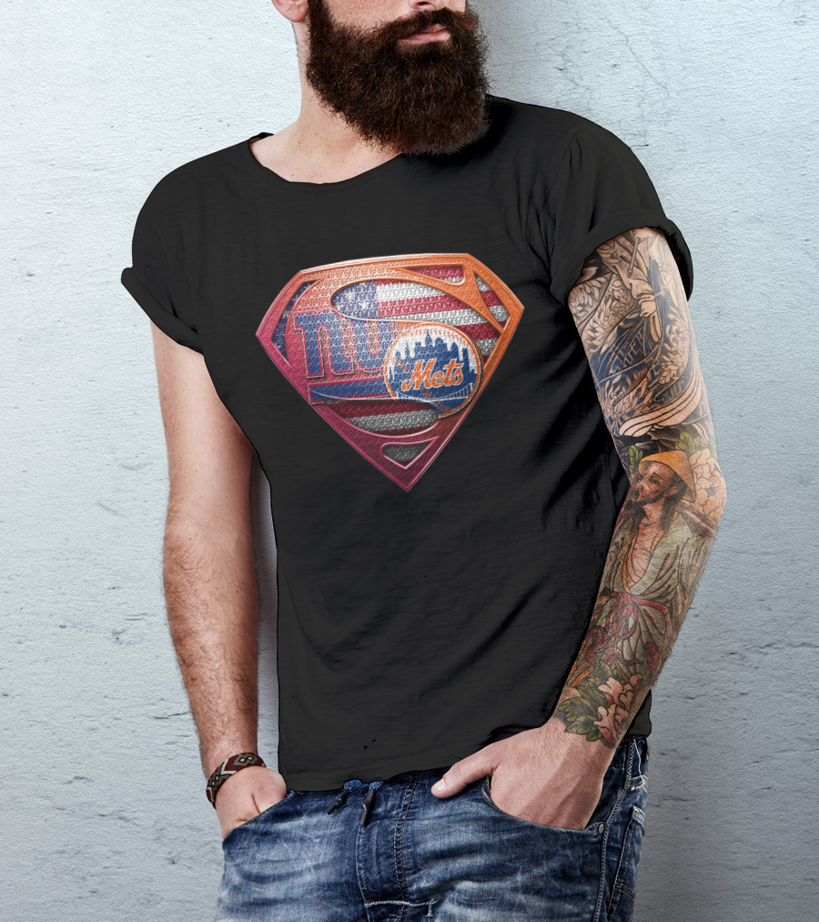 New York Giants Mets Superman Logo American Flag T-Shirt