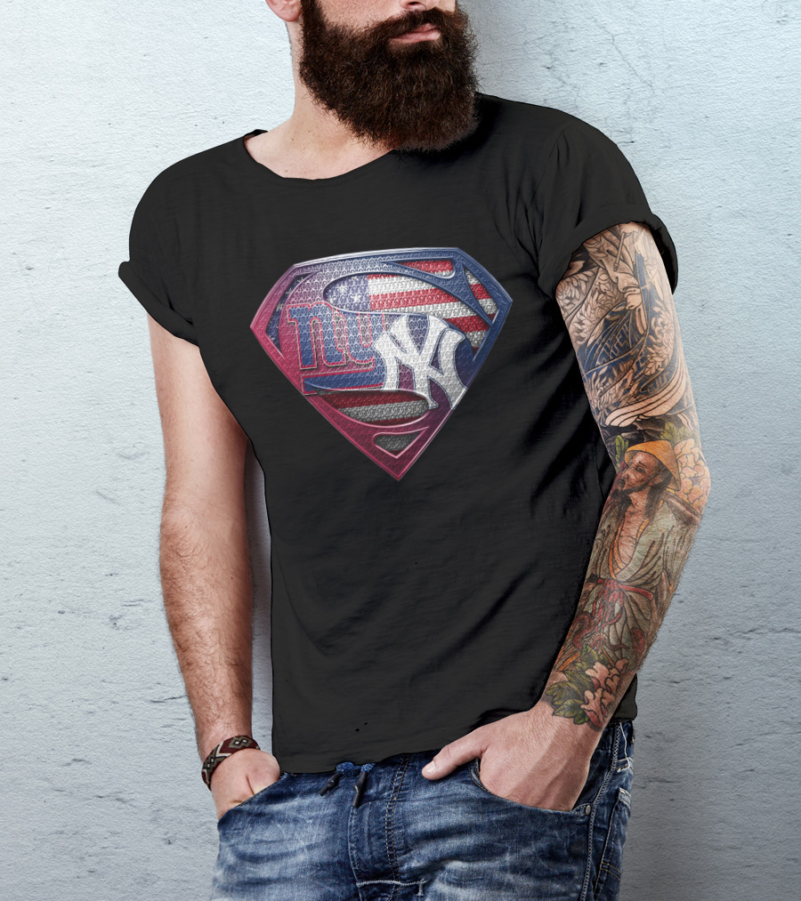 New York Giants Yankees American Flag Superman Logo Fusion T-Shirt