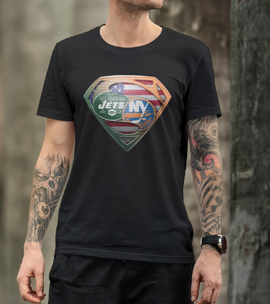 New York Jets Ny Islanders American Flag Superman Shield T-Shirt