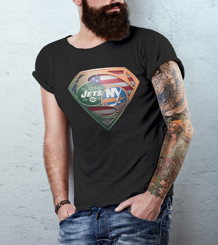 New York Jets Ny Islanders American Flag Superman Shield T-Shirt