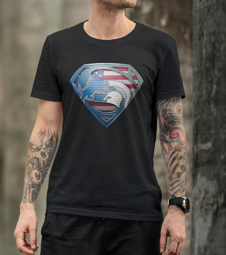 Detroit Lions And Michigan State Spartans American Flag Superman T-Shirt