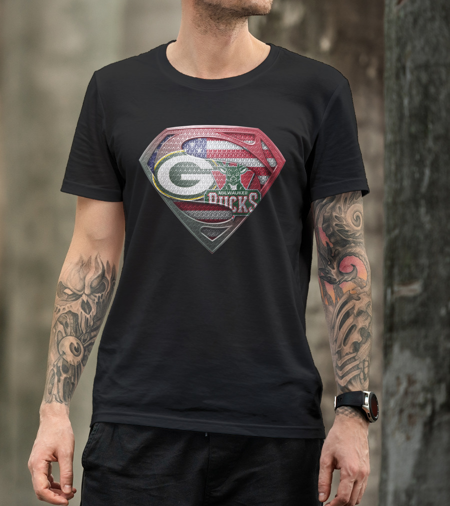 Green Bay Packers Milwaukee Bucks American Flag Superman Shield T-Shirt