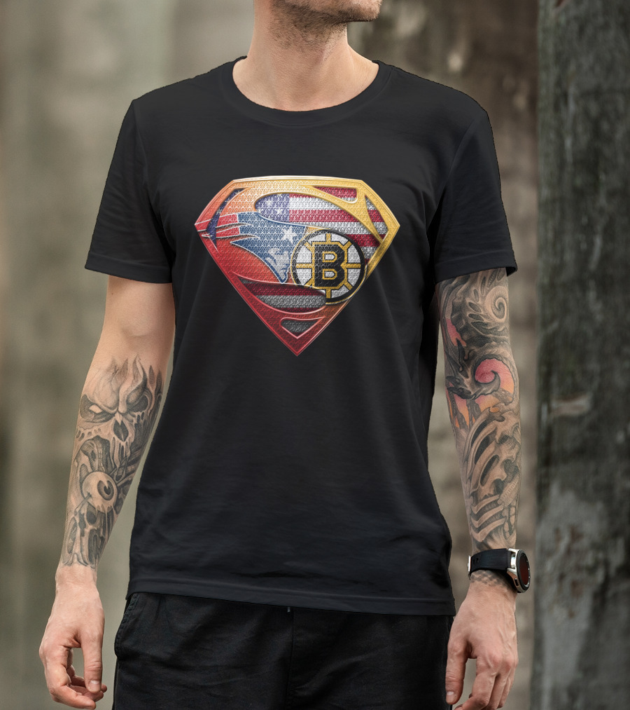 Superman Shield American Flag Boston Bruins New England Patriots T-Shirt