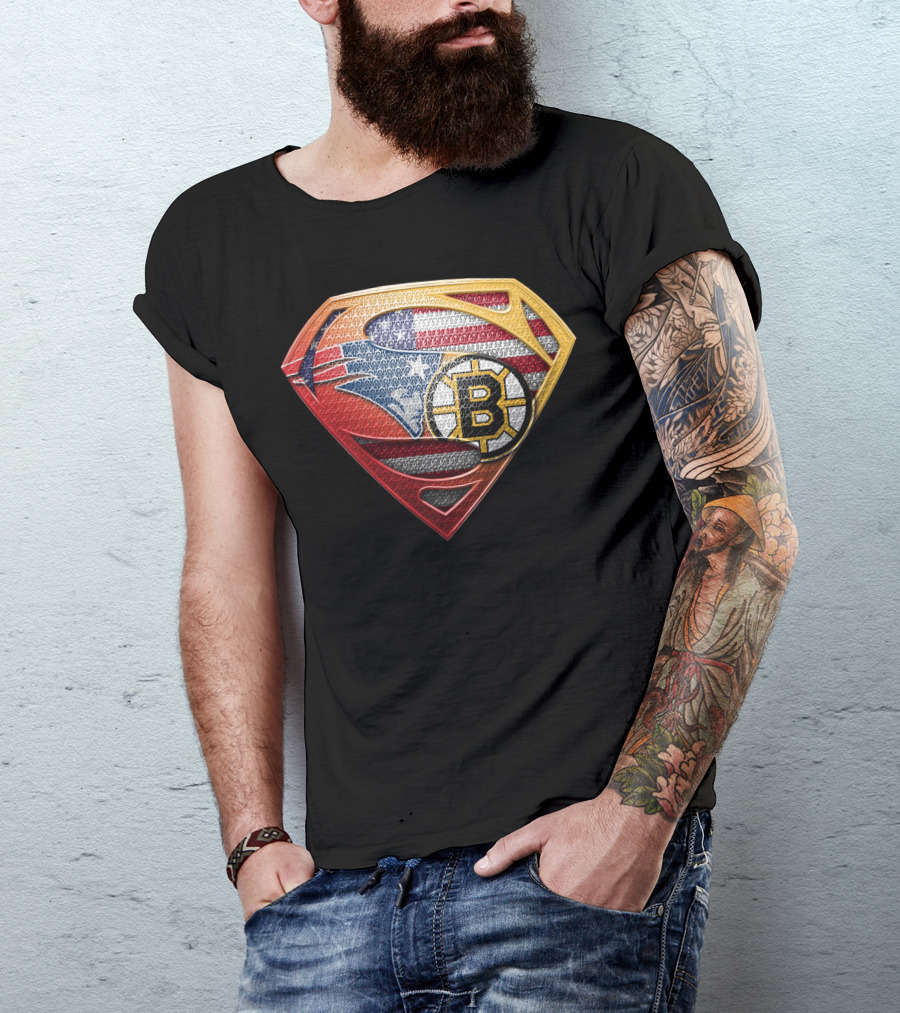 Superman Shield American Flag Boston Bruins New England Patriots T-Shirt