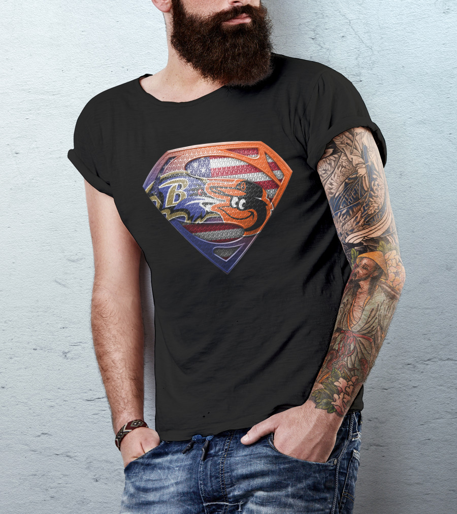 Baltimore Ravens Orioles Superman Usa Flag T-Shirt