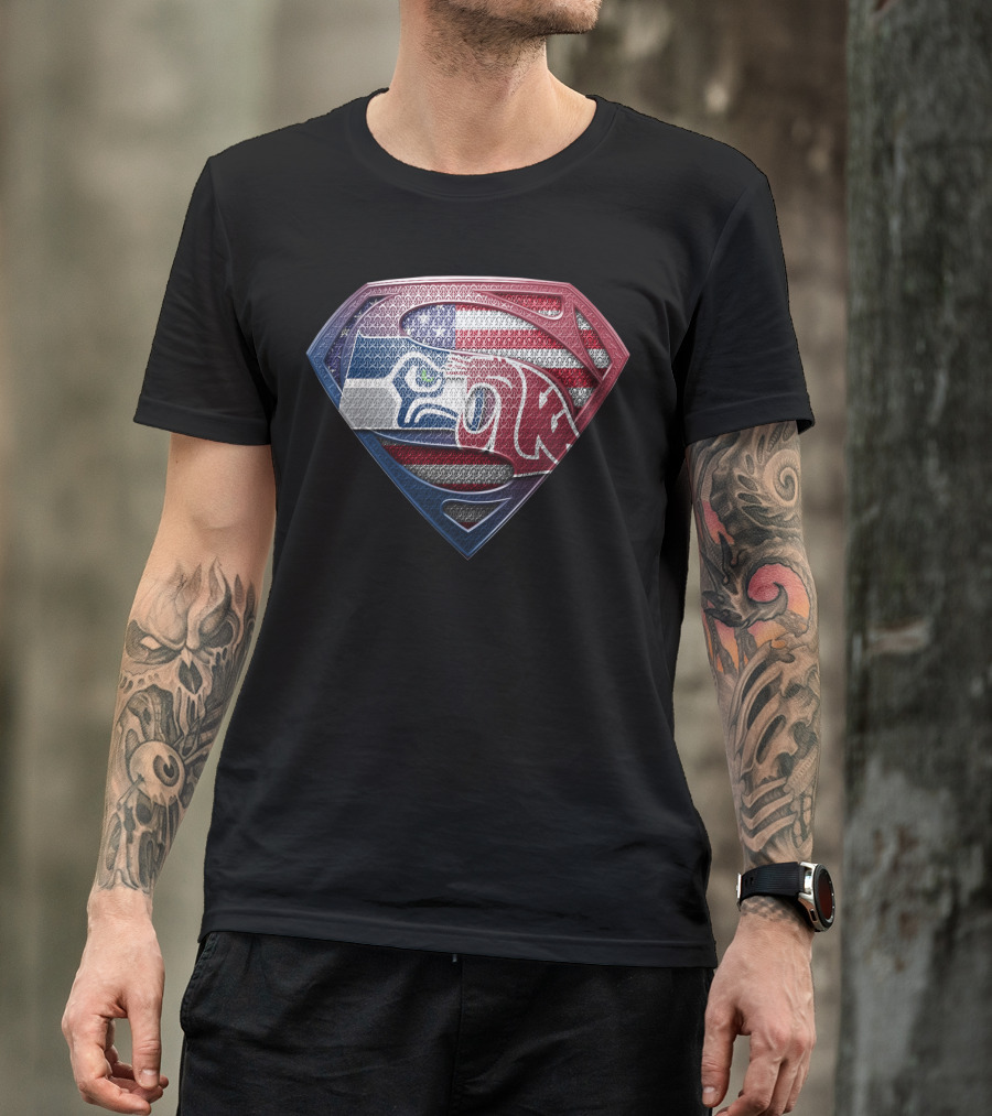 Superman Seahawks Patriots American Flag T-Shirt