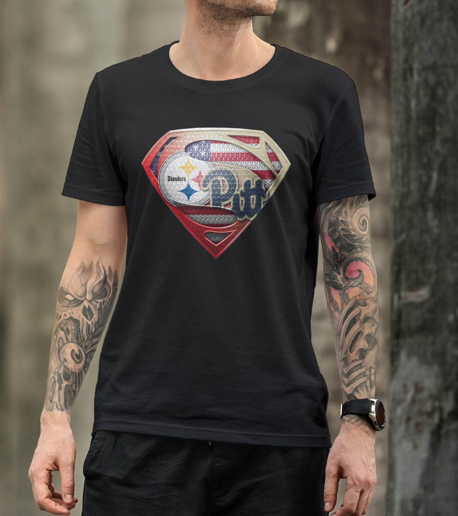 Steelers Pitt Superman Shield American Flag T-Shirt