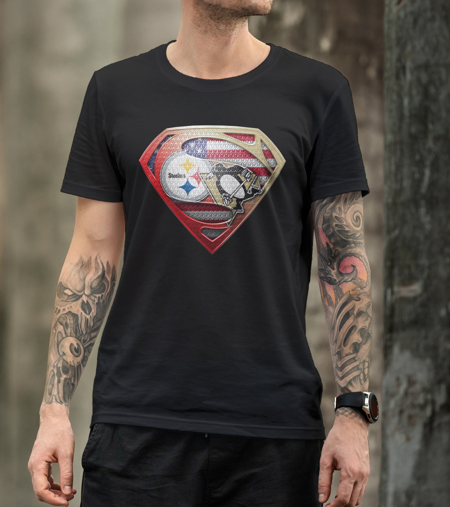 Steelers Penguins American Flag Superman Shield T-Shirt