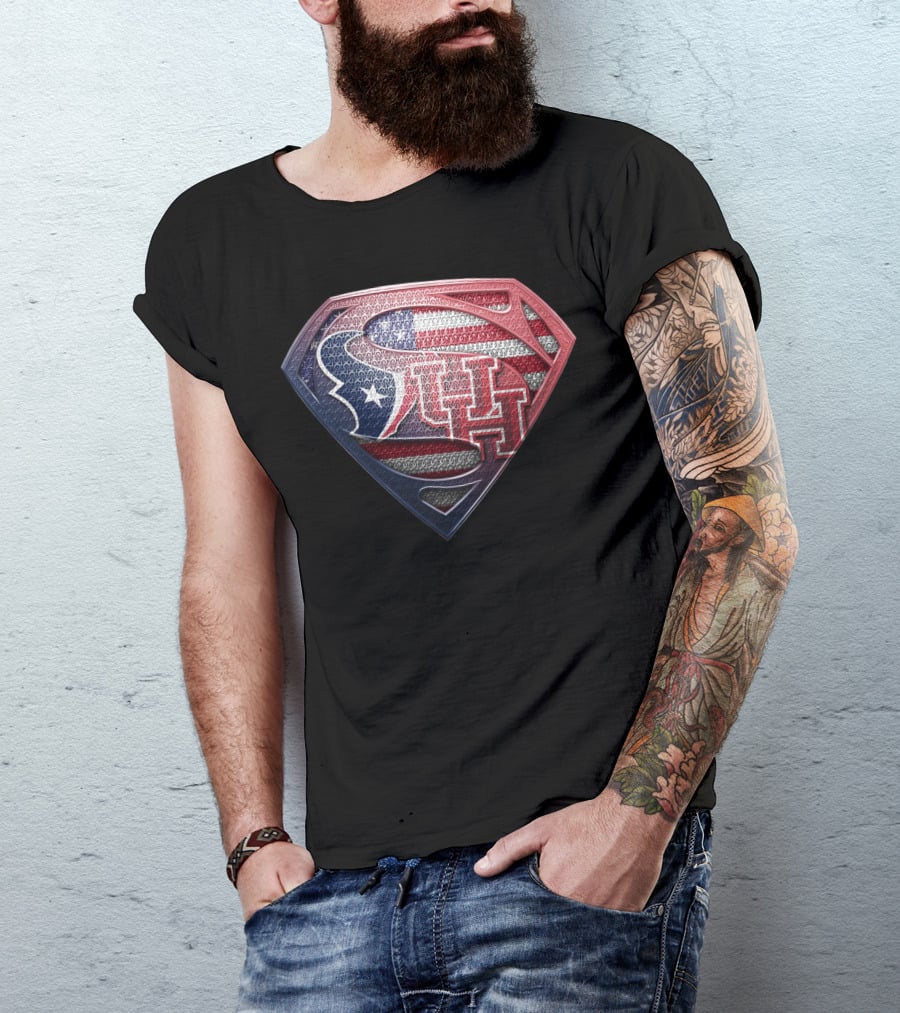 Houston Texans Uh Superhero Shield American Flag T-Shirt