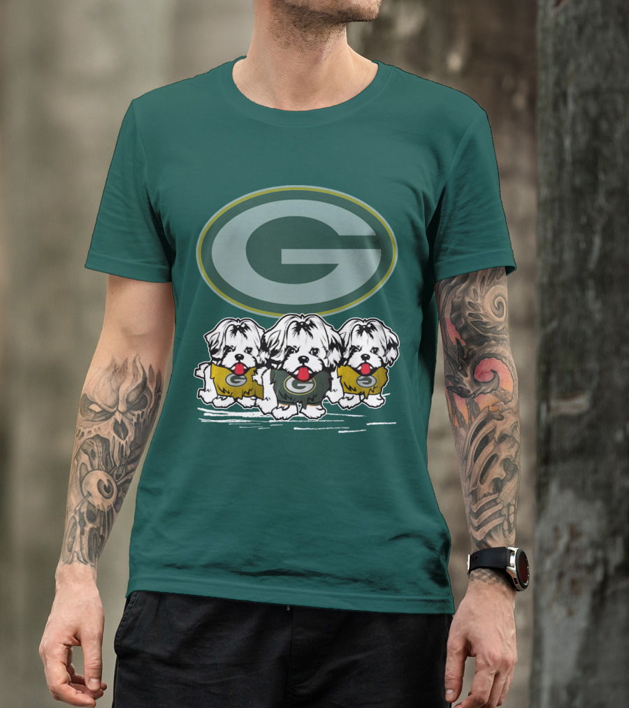 Green Bay Packers Logo With Three Dogs In Jerseys T-Shirt