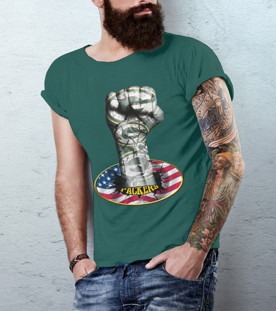 Fist With Green Bay Packers Logo On Cracked American Flag T-Shirt