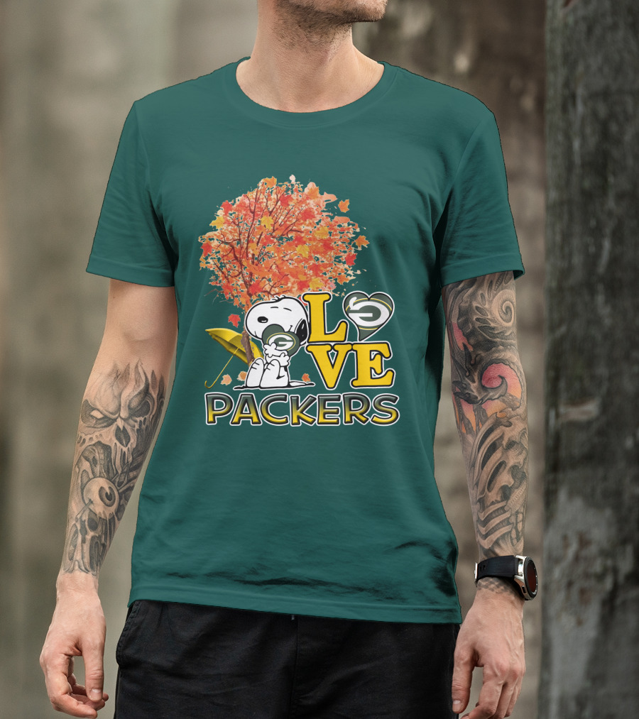 Love Packers Snoopy Green Bay Packers Autumn Tree T-Shirt