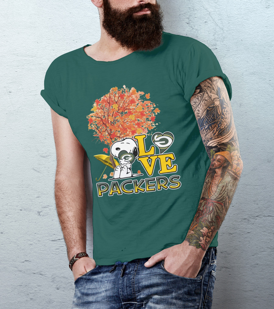 Love Packers Snoopy Green Bay Packers Autumn Tree T-Shirt