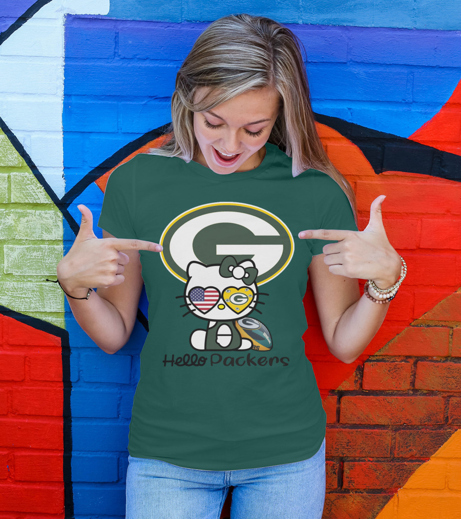 Hello Packers Green Bay Packers Football Fan Art Featuring Kitty With American Flag Heart T-Shirt