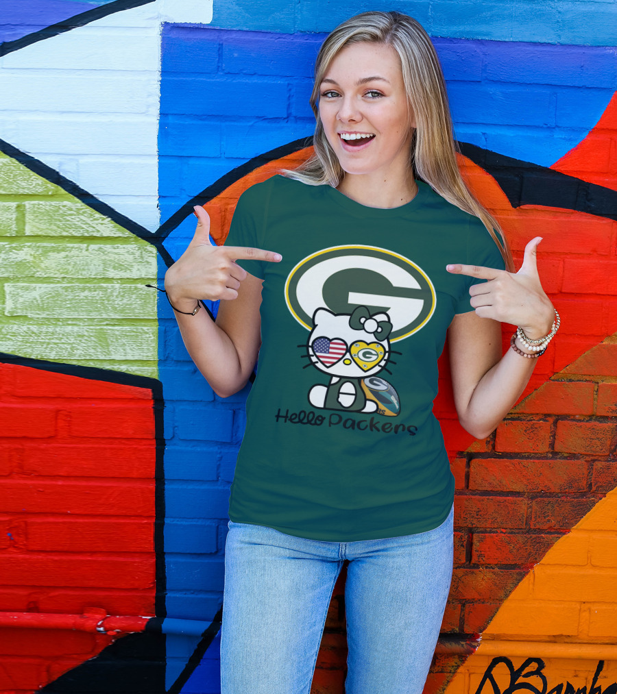 Hello Packers Green Bay Packers Football Fan Art Featuring Kitty With American Flag Heart T-Shirt