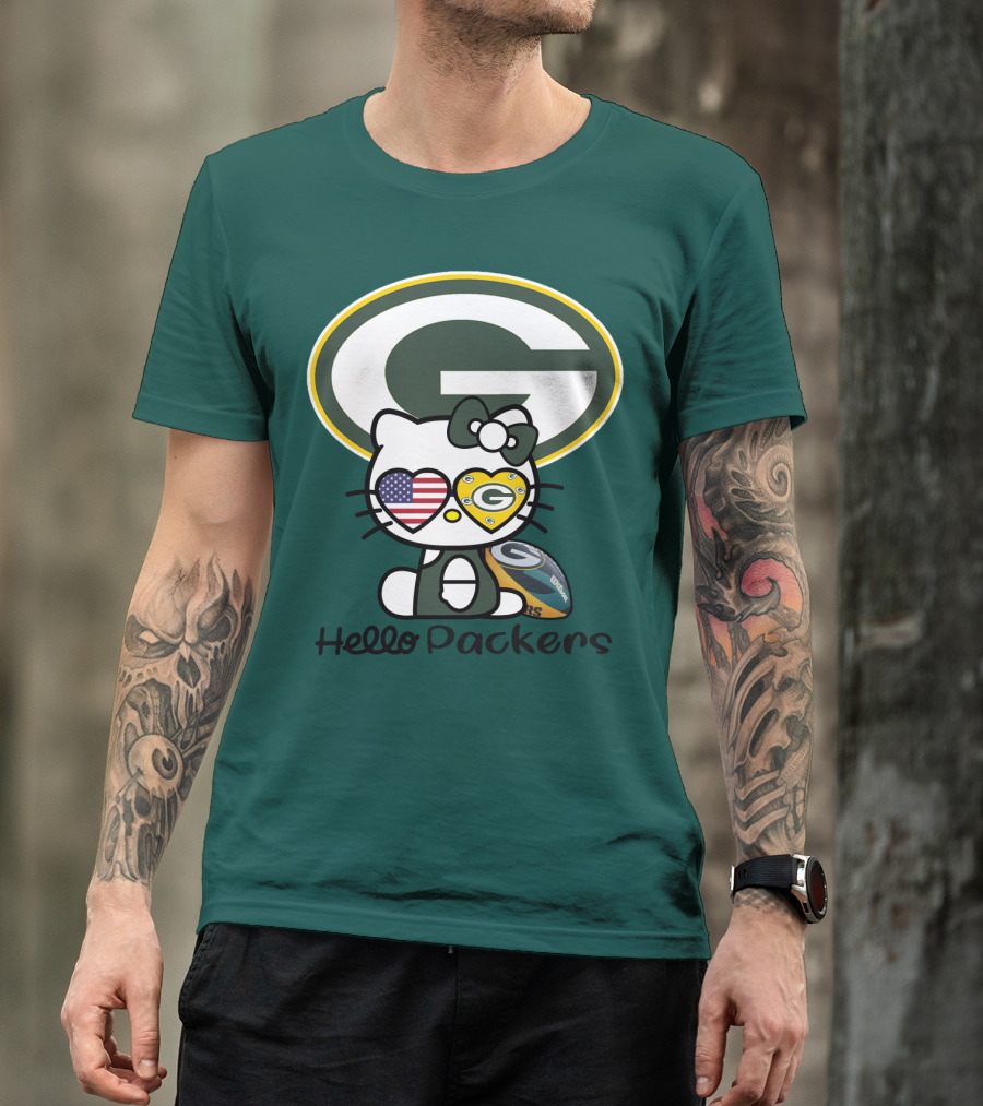 Hello Packers Green Bay Packers Football Fan Art Featuring Kitty With American Flag Heart T-Shirt