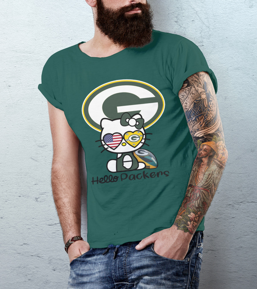 Hello Packers Green Bay Packers Football Fan Art Featuring Kitty With American Flag Heart T-Shirt