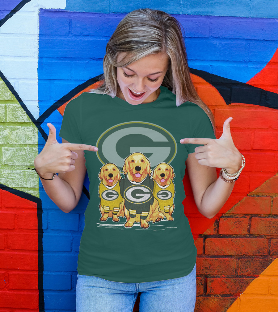 Green Bay Packers Golden Retrievers Sporting Green And Gold Attire T-Shirt