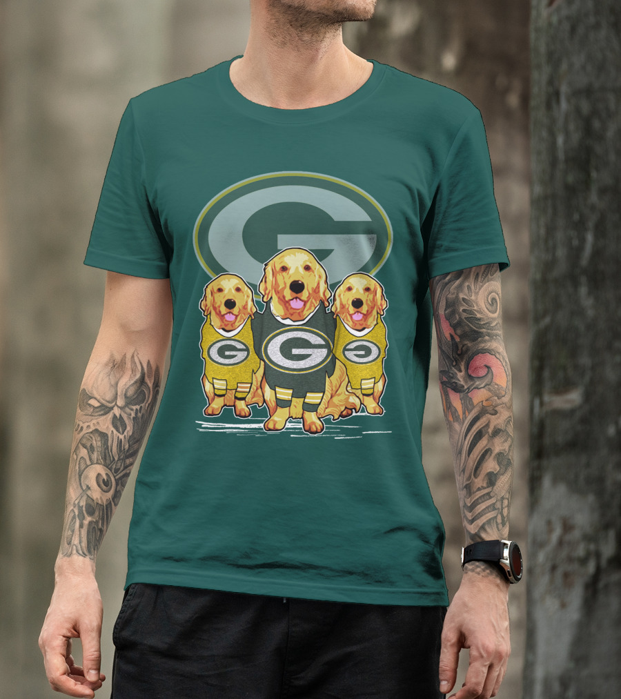Green Bay Packers Golden Retrievers Sporting Green And Gold Attire T-Shirt
