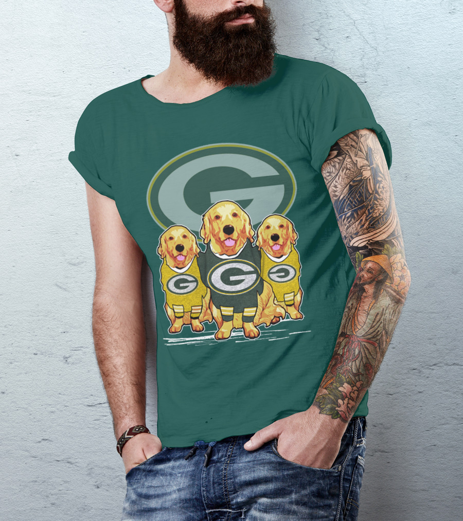 Green Bay Packers Golden Retrievers Sporting Green And Gold Attire T-Shirt