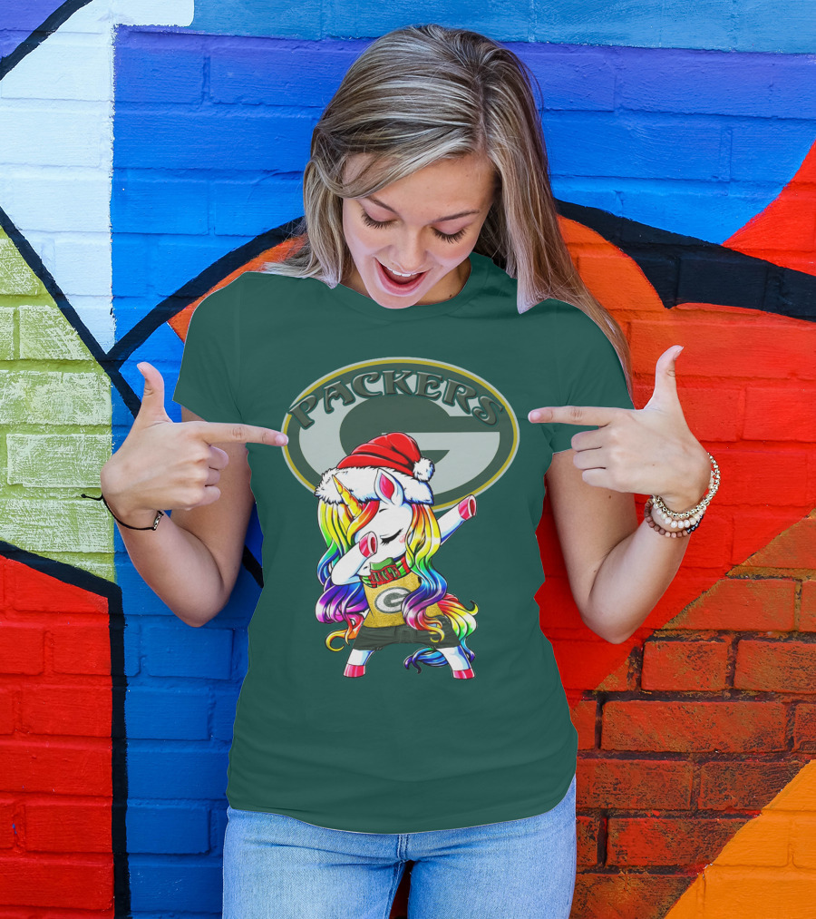 Packers Unicorn Dabbing Santa Hat Green Gold T-Shirt