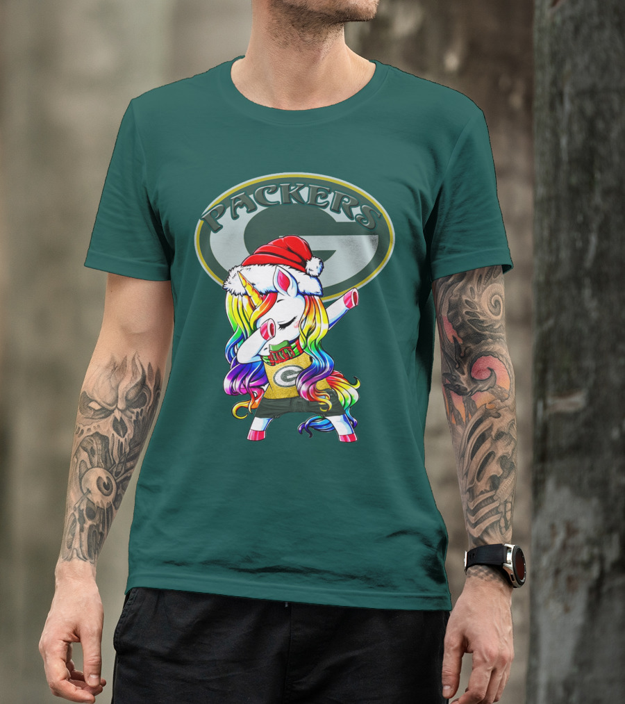 Packers Unicorn Dabbing Santa Hat Green Gold T-Shirt