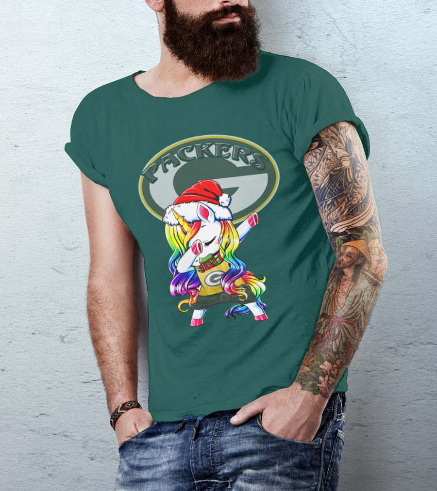 Packers Unicorn Dabbing Santa Hat Green Gold T-Shirt
