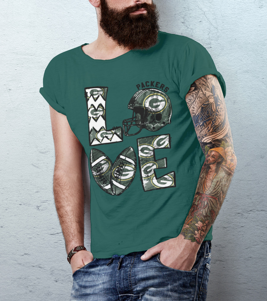 Packers Love Football Helmet And Ball Green Bay Packers T-Shirt
