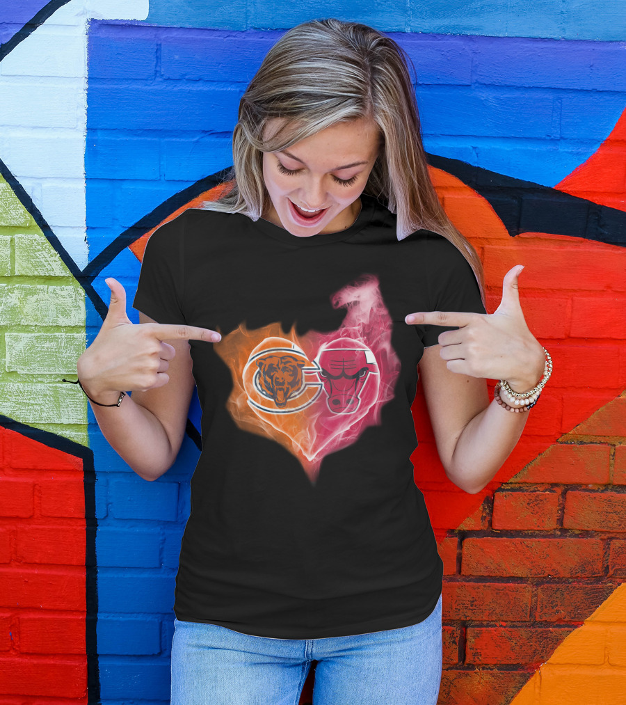 Chicago Bears And Chicago Bulls Heart Flames T-Shirt