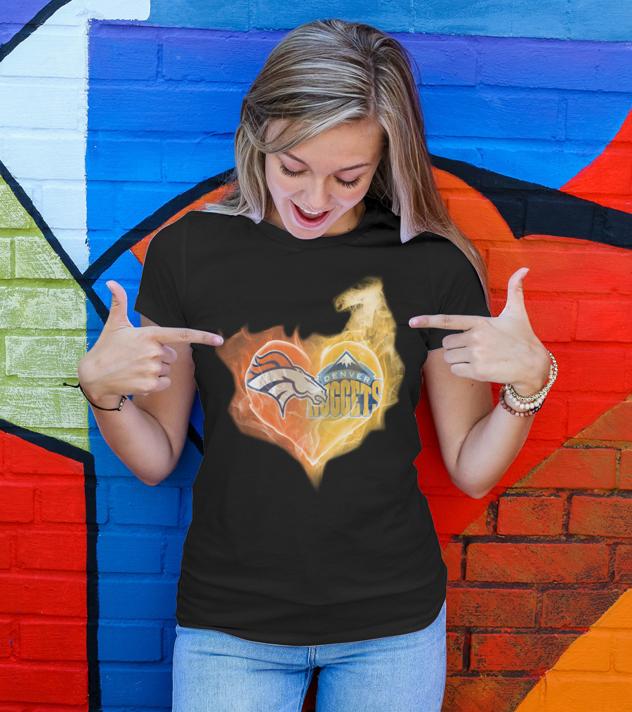 Denver Broncos Denver Nuggets Heart Flame T-Shirt