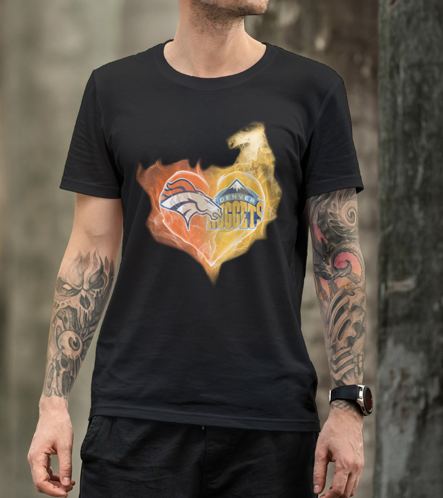 Denver Broncos Denver Nuggets Heart Flame T-Shirt